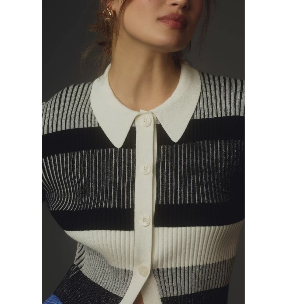 Anthropologie Short-Sleeve Collared Sweater Striped Ribbed Knit Cardigan Size L - Picture 2 of 10